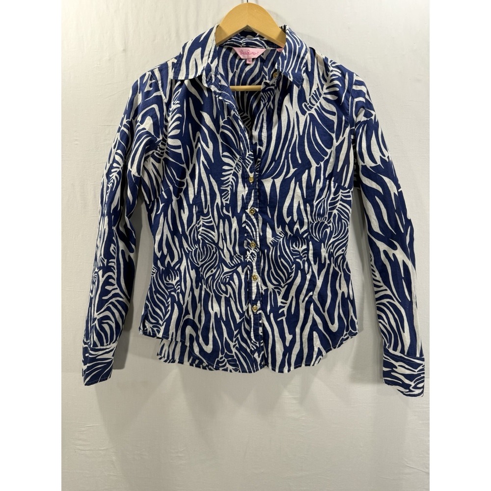Lilly Pulitzer Blue White Zebra Print Button Down Shirt Women's Size 6